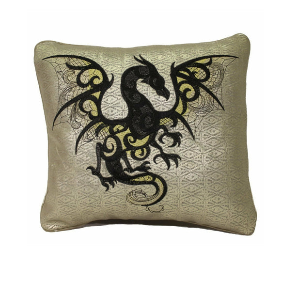 Genuine Leather Embroidered Celtic Dragon on Gold Patterned Throw Pillow