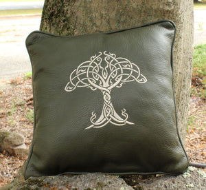 Handmade Genuine Leather Machine Embroidered Tree of Life Design Decorative Throw Pillow