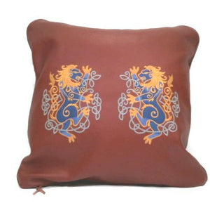 Handmade Genuine Top Grain Cowhide Leather Machine Embroidered Celtic Lions Decorative Throw Pillow Cover